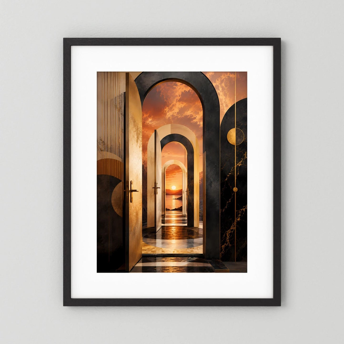 Hochformat-Poster mit surreale Architektur im Korridor, Schwarz/Creme, schwarzer Rahmen