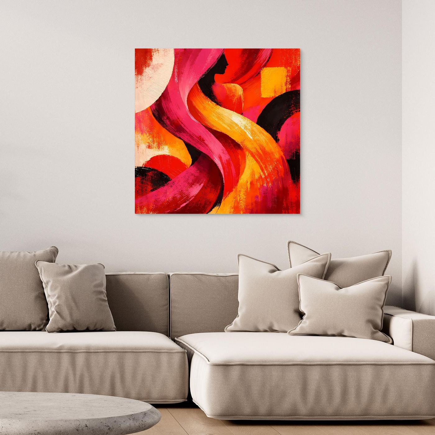 Leinwandbild mit abstrakten Pinselstrichen in Rot, Pink und Orange, ohne sichtbaren Rahmen