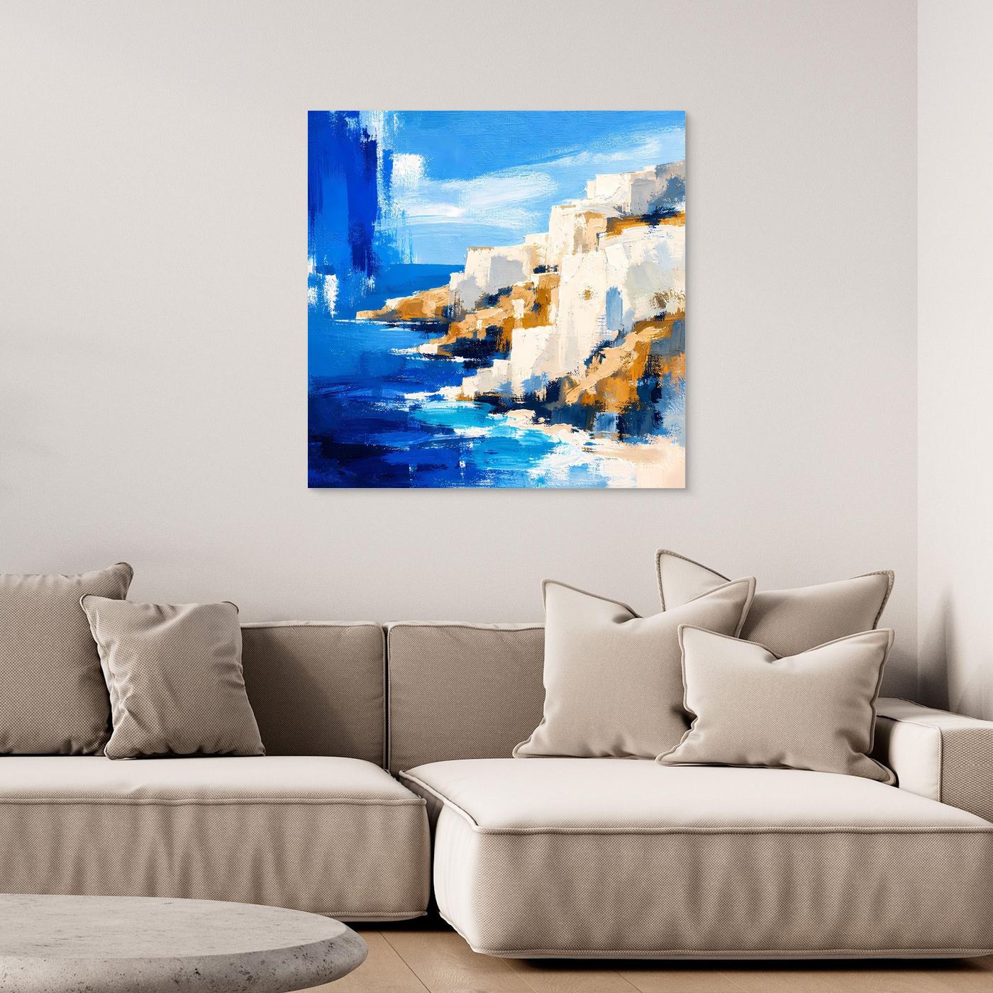 Abstraktes Leinwandbild einer mediterranen Steilküste in Blau und Weiß, ohne Rahmen