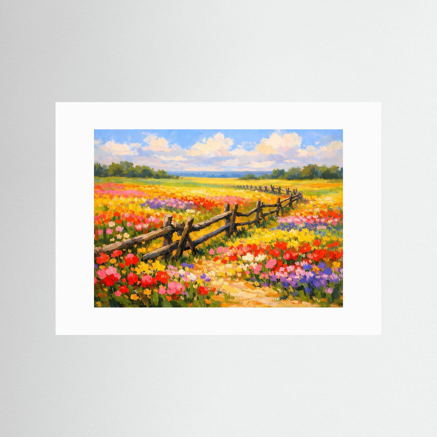 Poster Blühende Sommerwiese mit Holzzaun | Majestätisches Farbenfrohes Wandbild