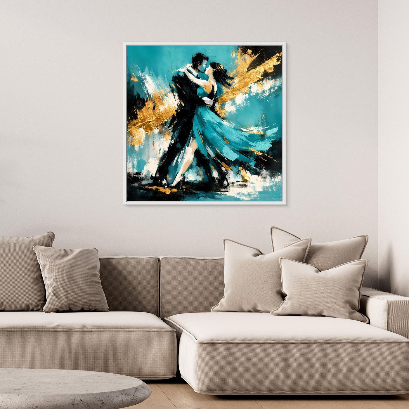 Leinwand Abstraktes Tanzpaar in Türkis und Gold | Modernes Romantisches Paar Wandbild