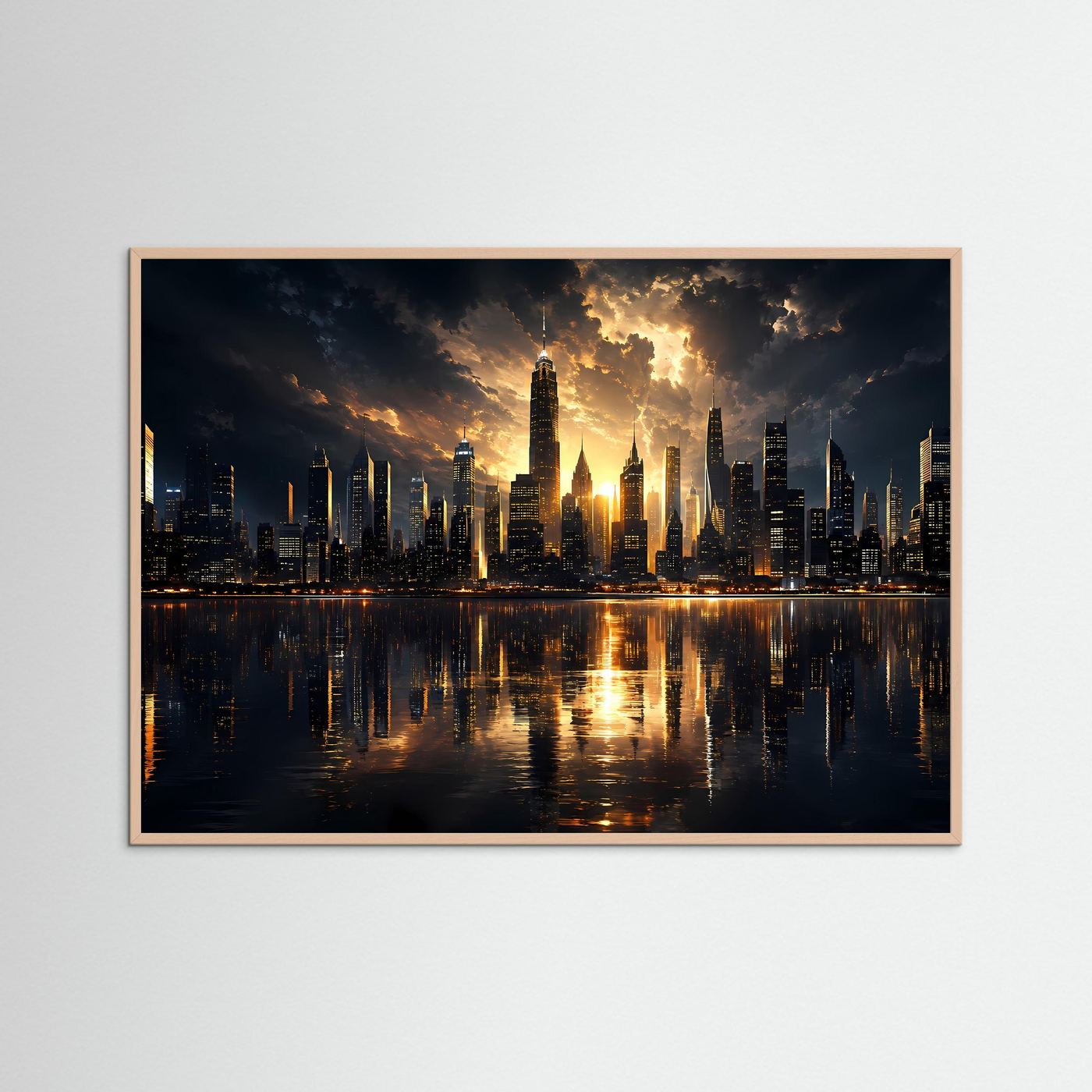 Skyline Poster Gold Schwarz | Moderne Wolkenkratzer bei Sonnenuntergang | City Skyline Wandbild | Luxus Architektur | Leinwand | Premium Wall Art