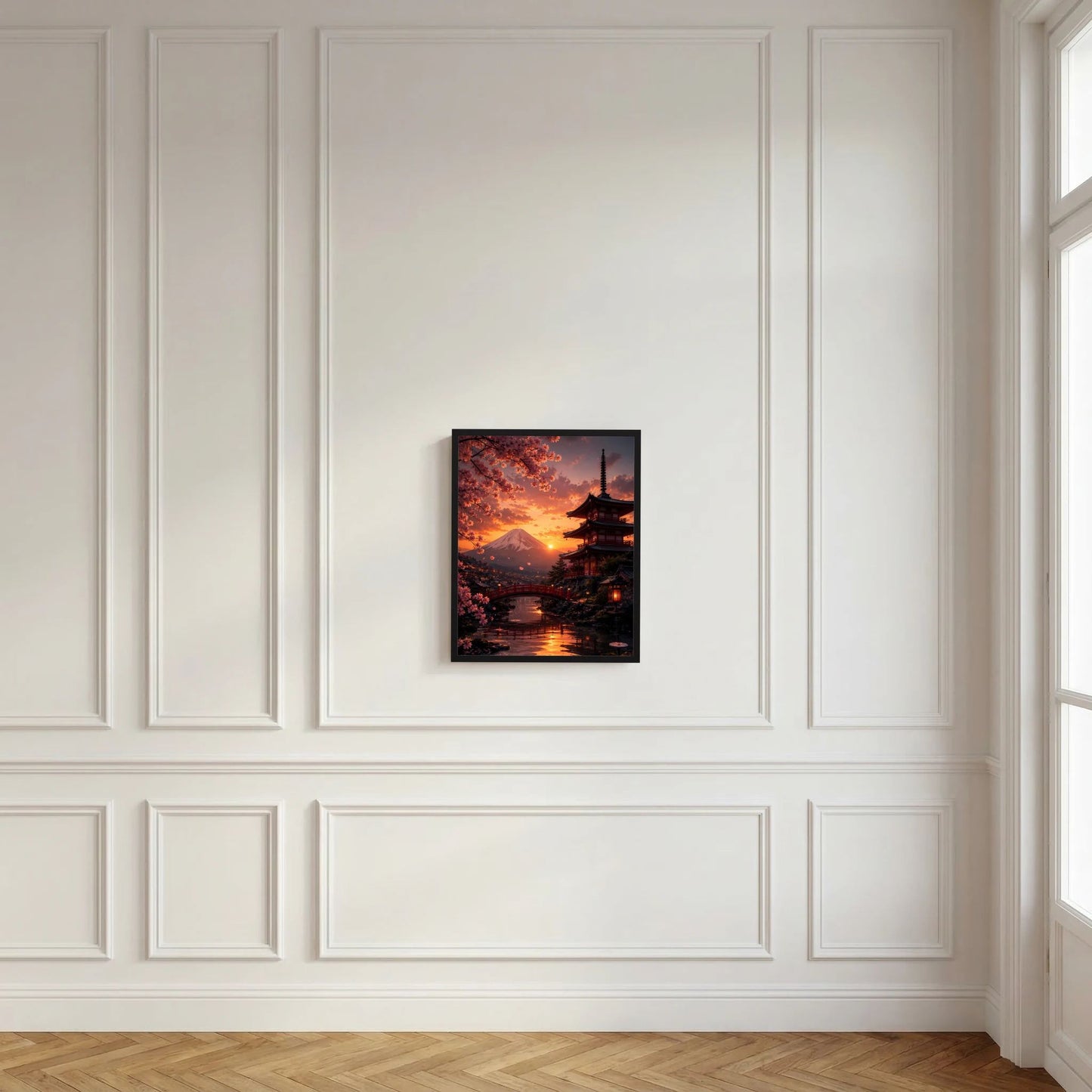 Gerahmtes Hochformat-Poster mit Tempelsilhouette, Berg und Sonnenuntergang am Wasser