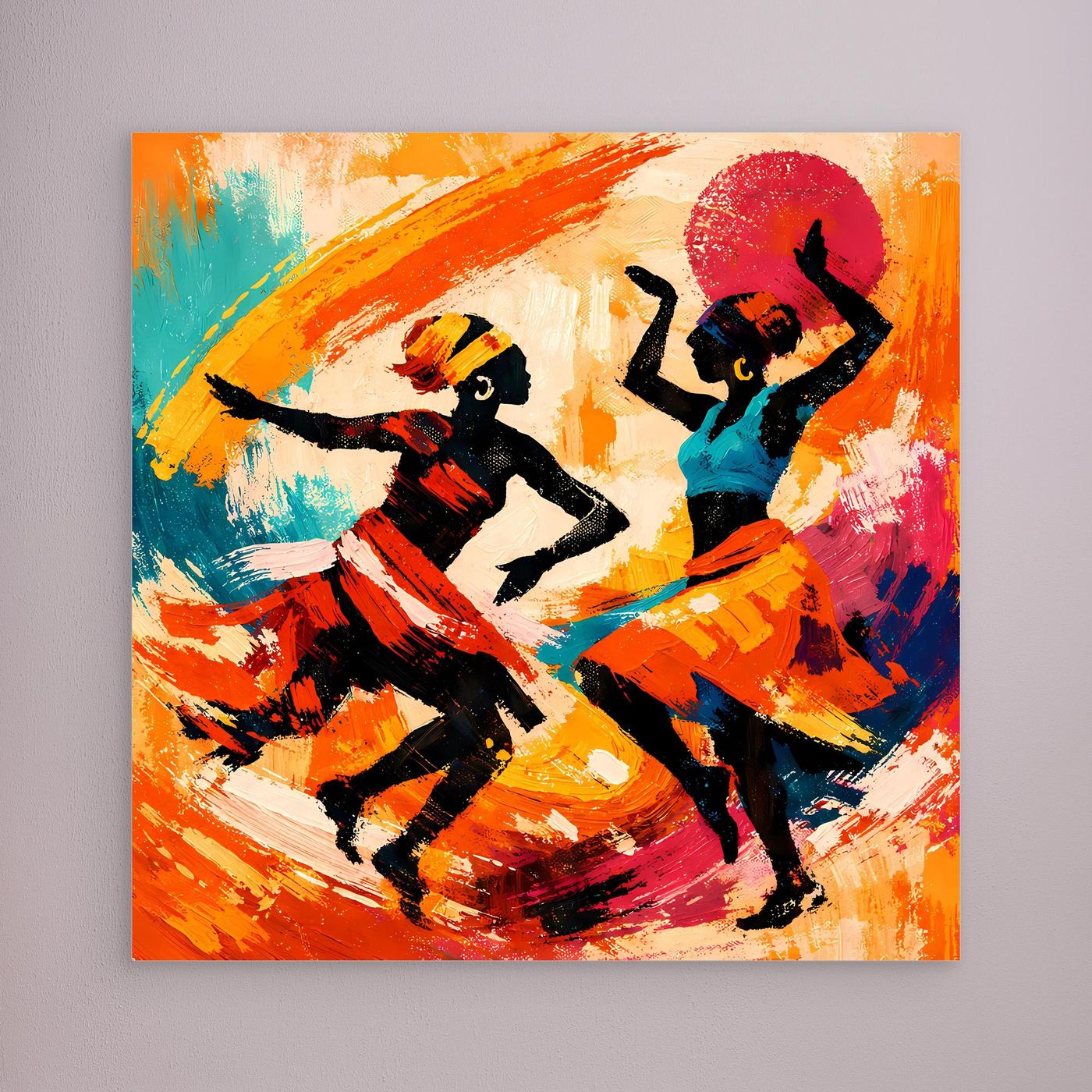 Leinwand Tanzende Afrikanerinnen im Sonnenuntergang | Abstraktes Ethno Pop Art Wandbild