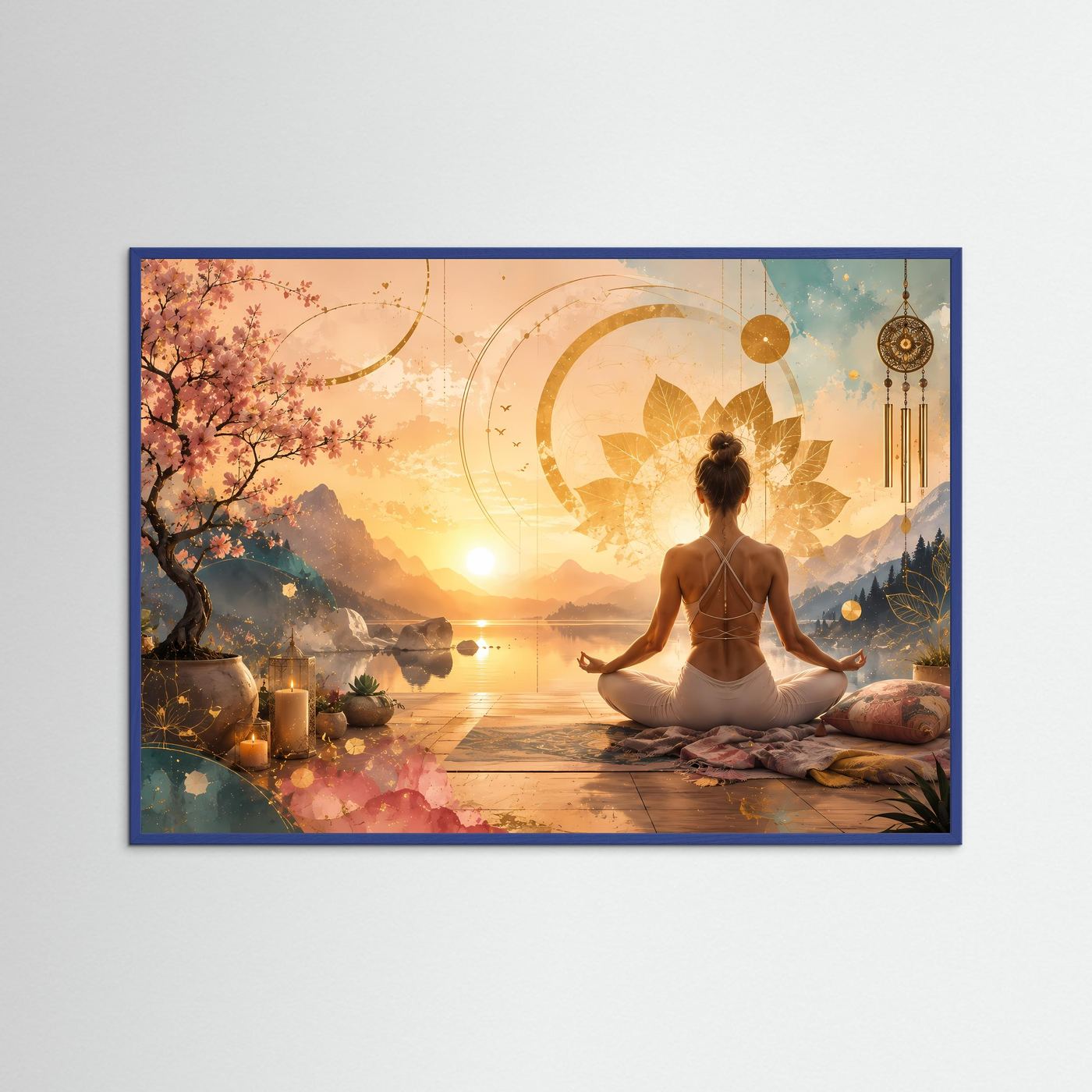 Meditierende Frau am Bergsee | Yoga, Lotus & Sonnenuntergang in Gold und Pastell