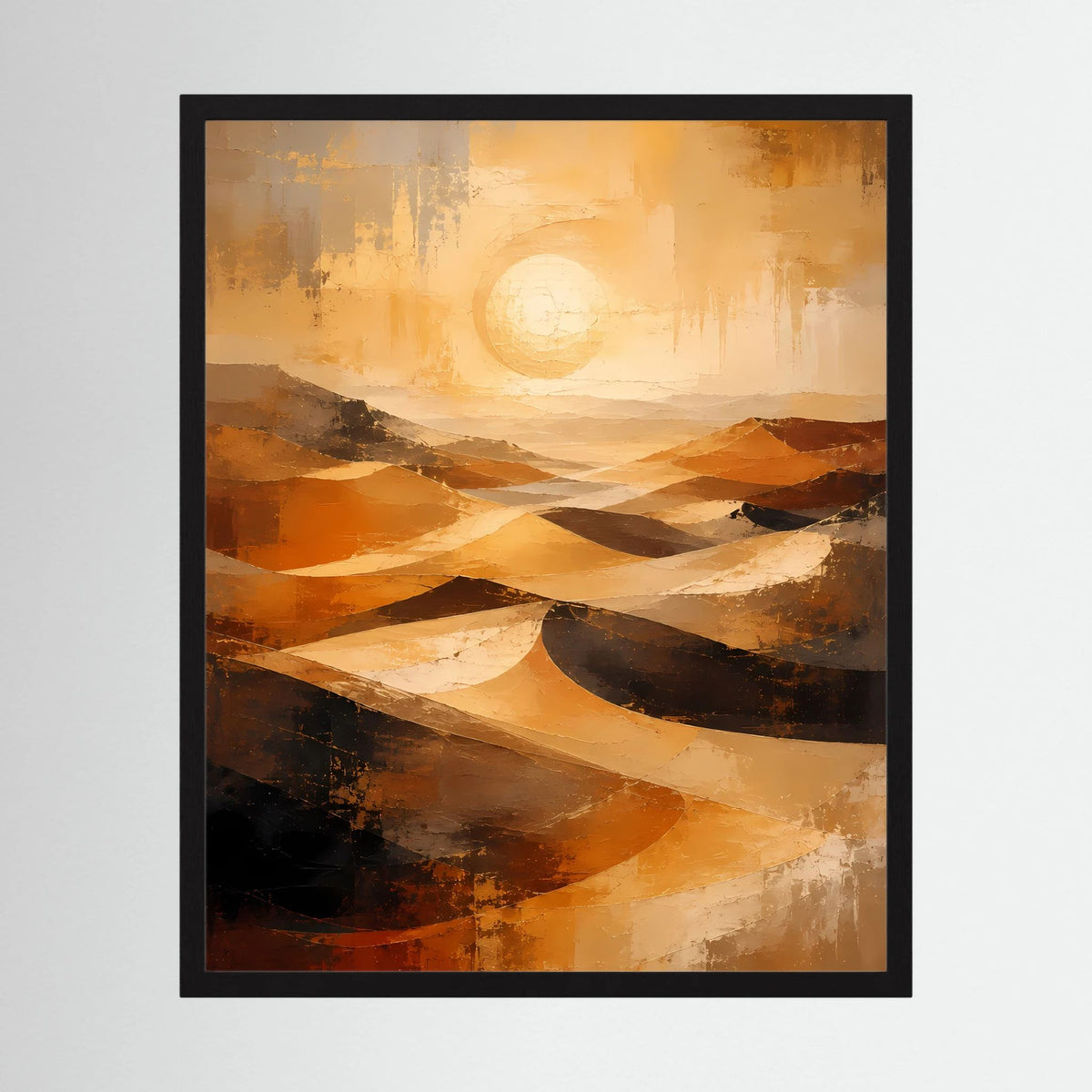 Gerahmtes Poster mit abstrakter Wüste: Gold-Orange, Kreis-Sonne, Dünenformen.