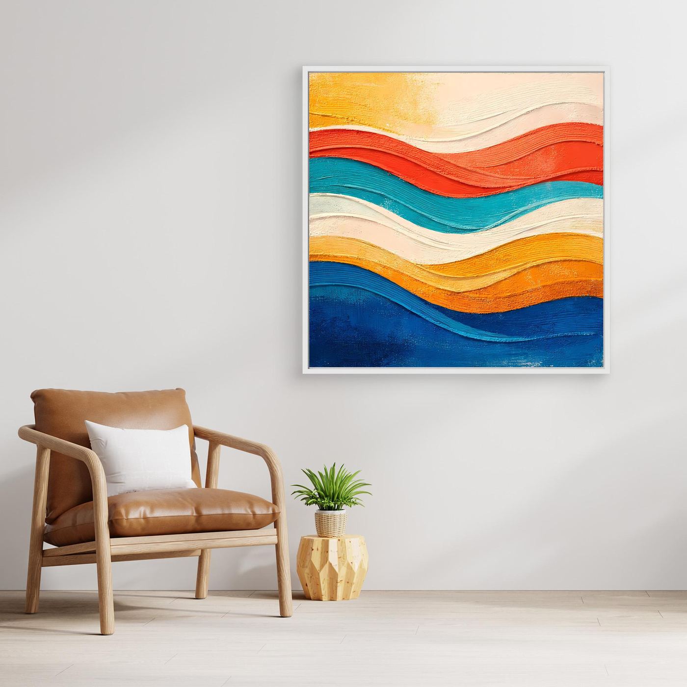 Abstraktes Leinwand-Wandbild mit Wellen in Blau, Rot und Orange, mit hellem Rahmen