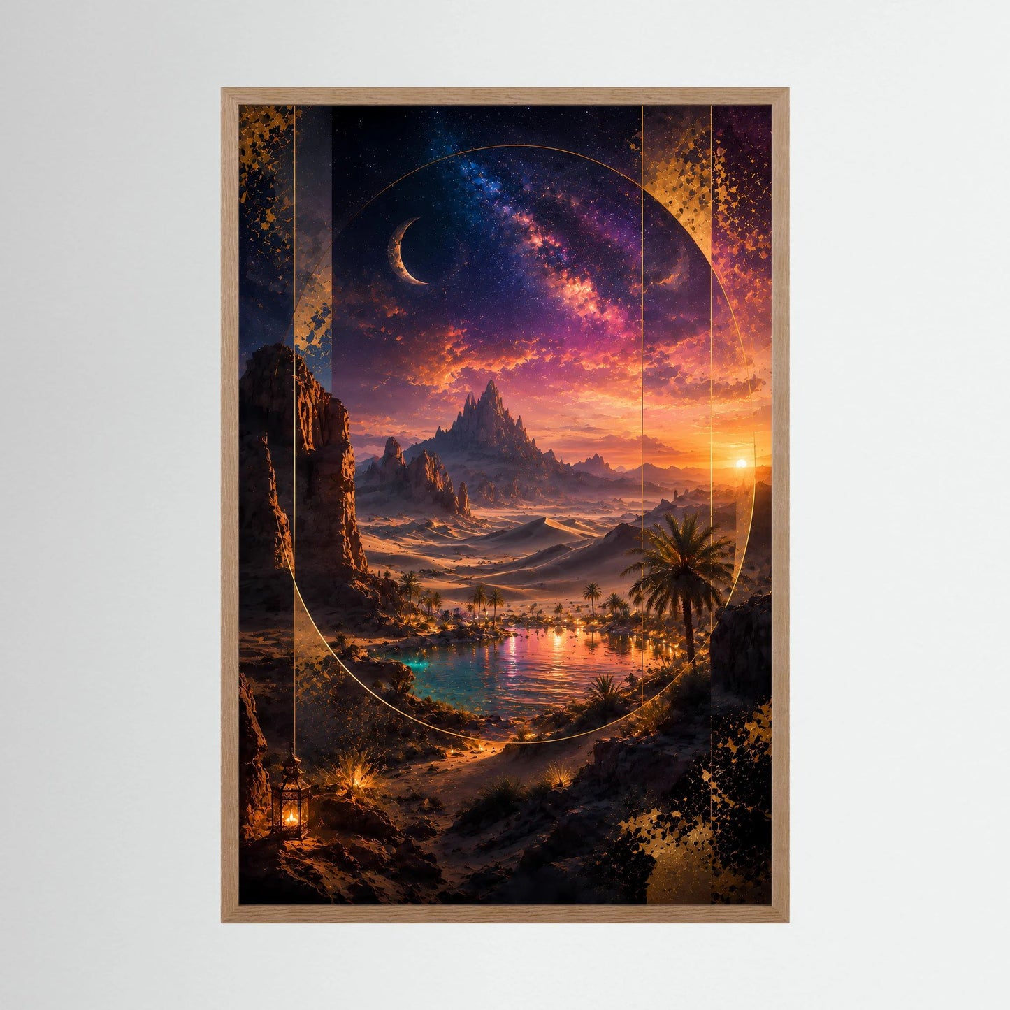 Hochformat-Poster mit Wüstenoase im Sternenhimmel, im hellen Holzrahmen.