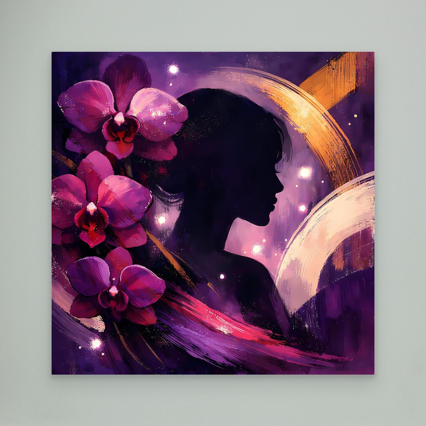 Leinwandbild mit abstraktem Frauenprofil, violetten Orchideen, goldenen und rosafarbenen Pinselbögen
