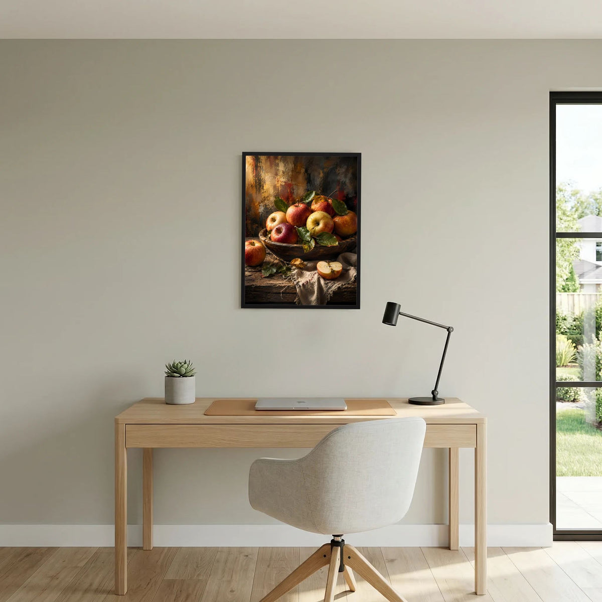 Hochformatiges Poster mit Äpfeln in Schale und Blättern, im schwarzen Rahmen