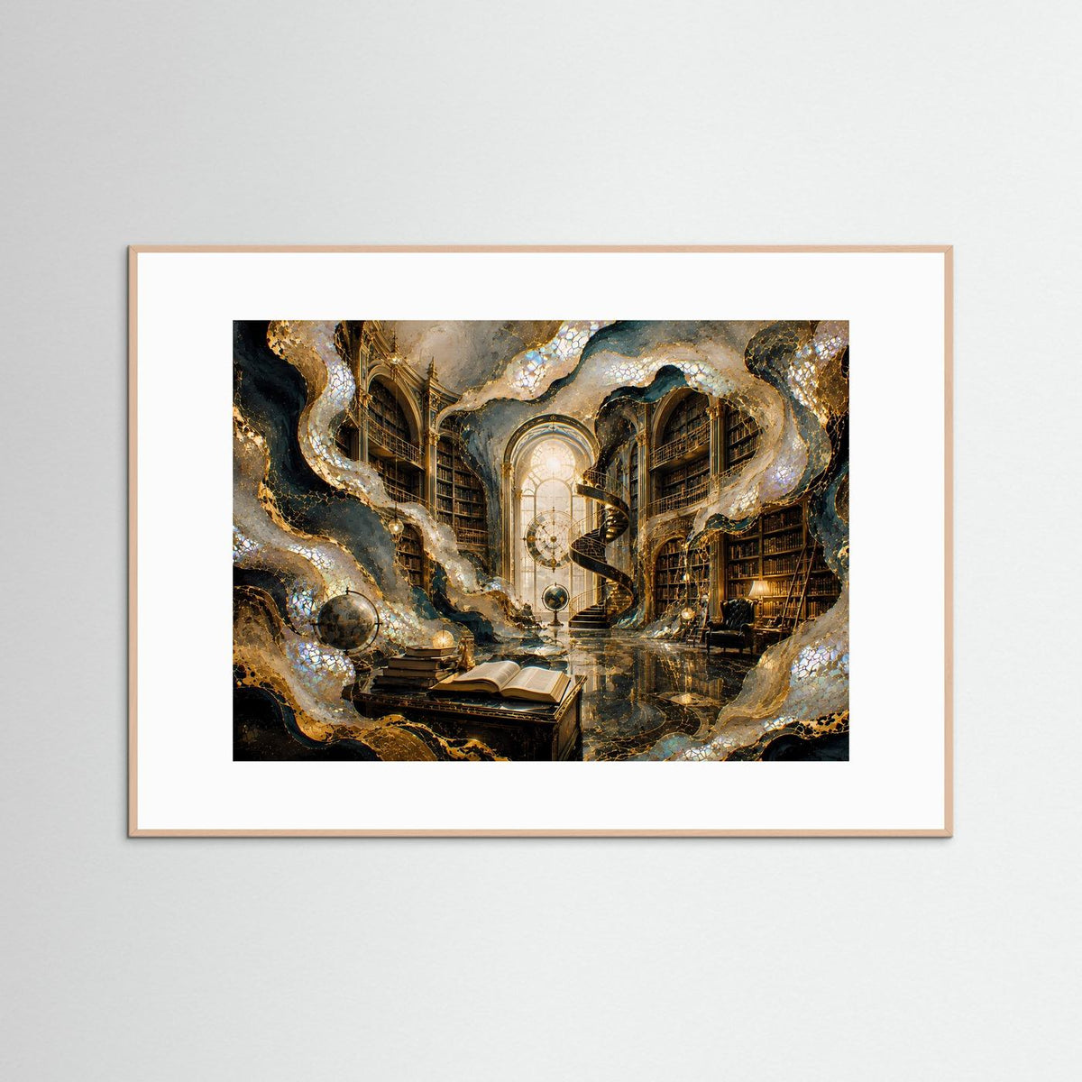 Querformat-Poster in hellem Rahmen, surrealer Bücherraum mit goldenen Strukturen und dunklen Schatten