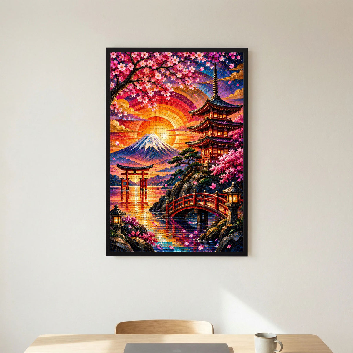 Hochformatiges Poster mit Kirschblüten, Fuji und Pagode im Mosaikstil