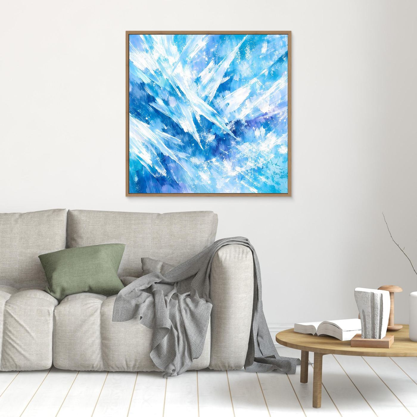 Kleines quadratisches Leinwand-Wandbild mit abstrakten Eiskristallen in Blau, Holzrahmen
