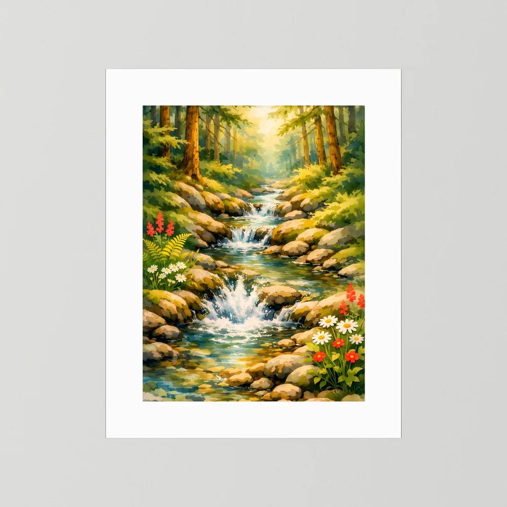 Wasserfall-Wandposter mit Bach, Felsen und Blüten, weißer Rahmen ohne schwarzen Rand