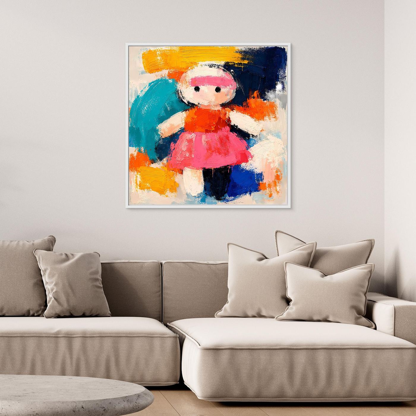 Abstract canvas wall art with colorful doll figure and modern brushstrokes, white frame