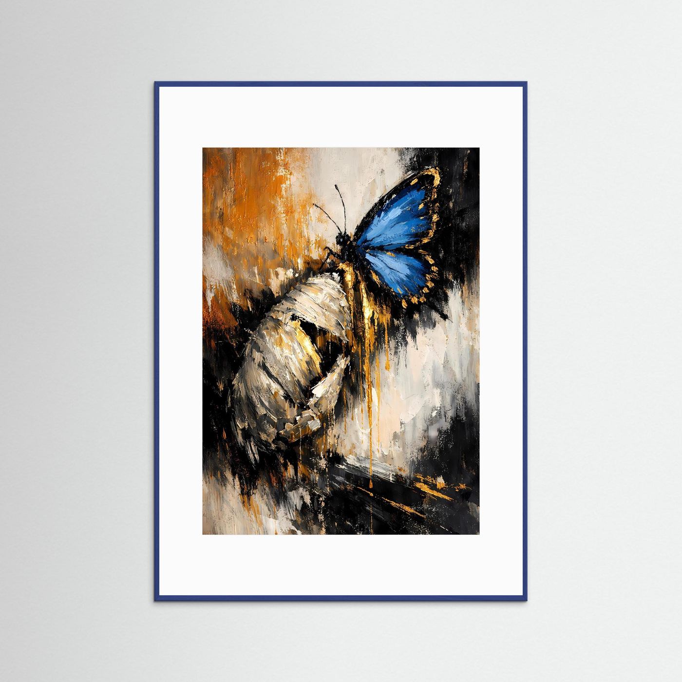 Schmetterling-Poster, abstrakte Grafik mit blauem Rahmen