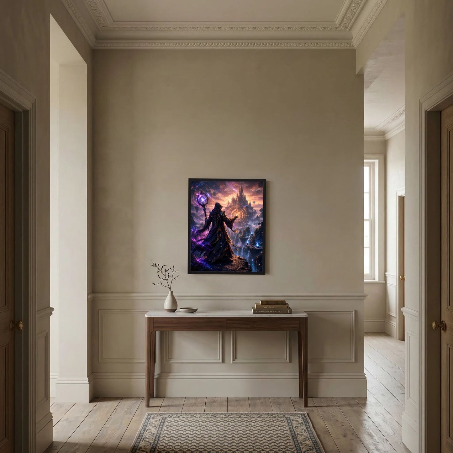 Kunstposter im Hochformat: finsterer Magier mit leuchtender Kugel und Stab vor einer Burg im Nebel