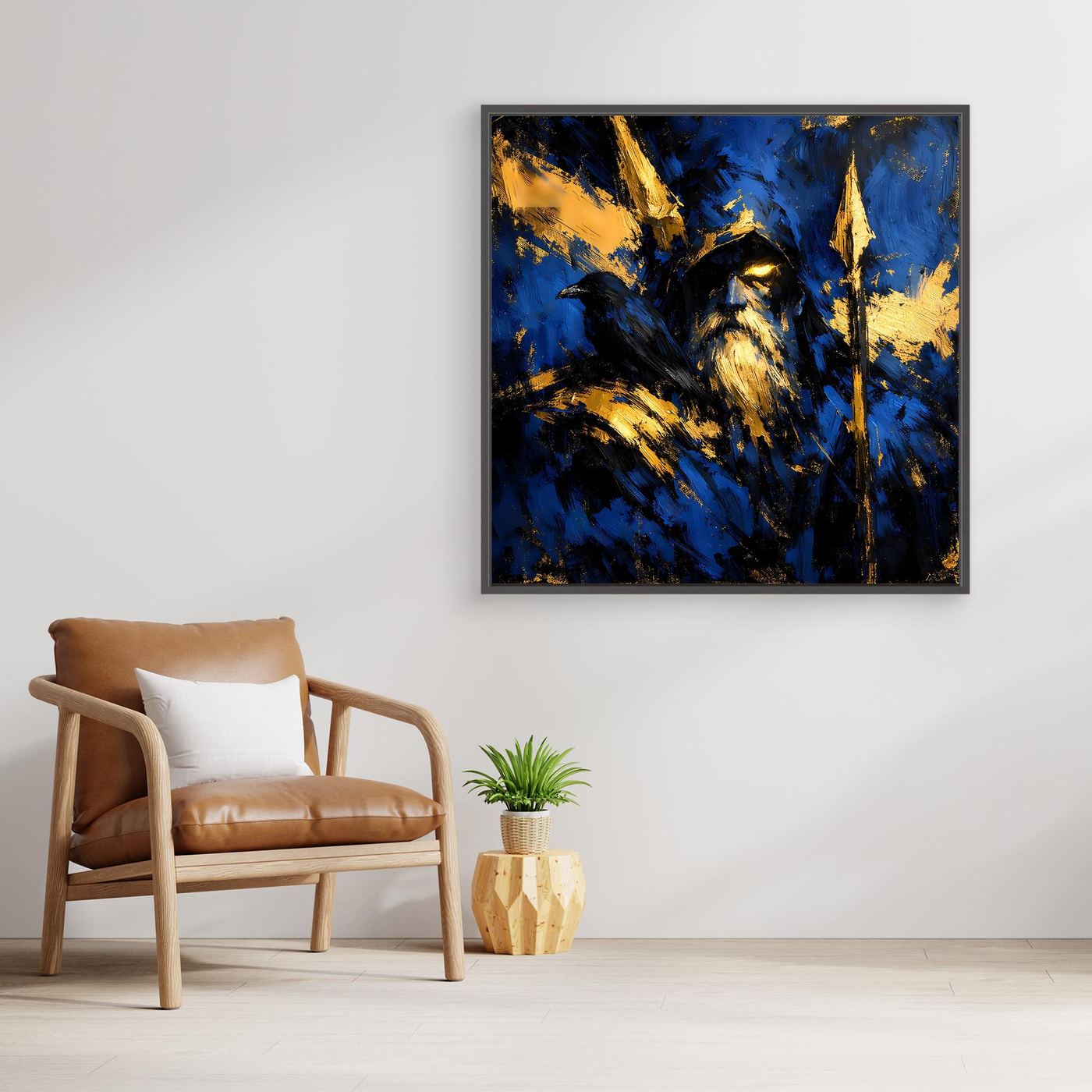Leinwand Odin der Allvater in Blau und Gold | Modernes Nordische Mythologie Wandbild mit Rabe