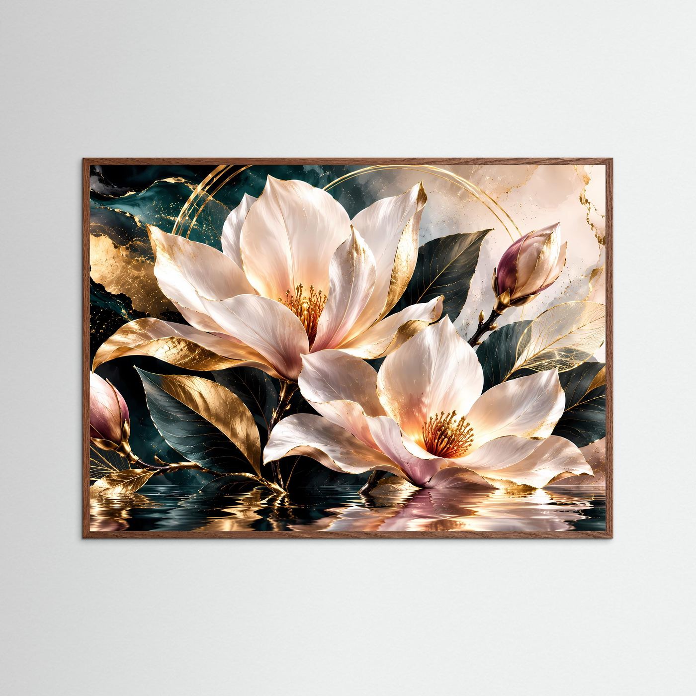 Magnolienblüten Poster | Elegante Botanische Wandkunst | Weiße Magnolie mit Gold | Luxuriöse Blumen Leinwand | Moderne Floral Art