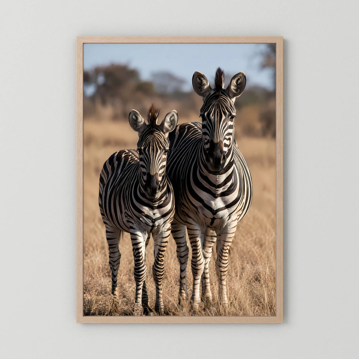 Poster mit Zebras in Streifen: Mutter und Jungtier, im hellen Holzrahmen
