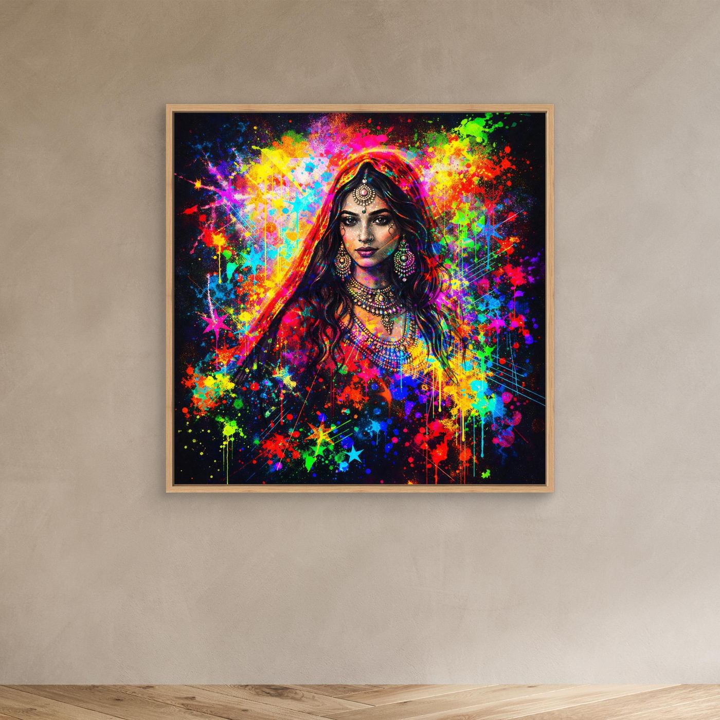 Leinwandbild mit Porträt einer indischen Frau, Neon-Farbspritzer, Eichenrahmen