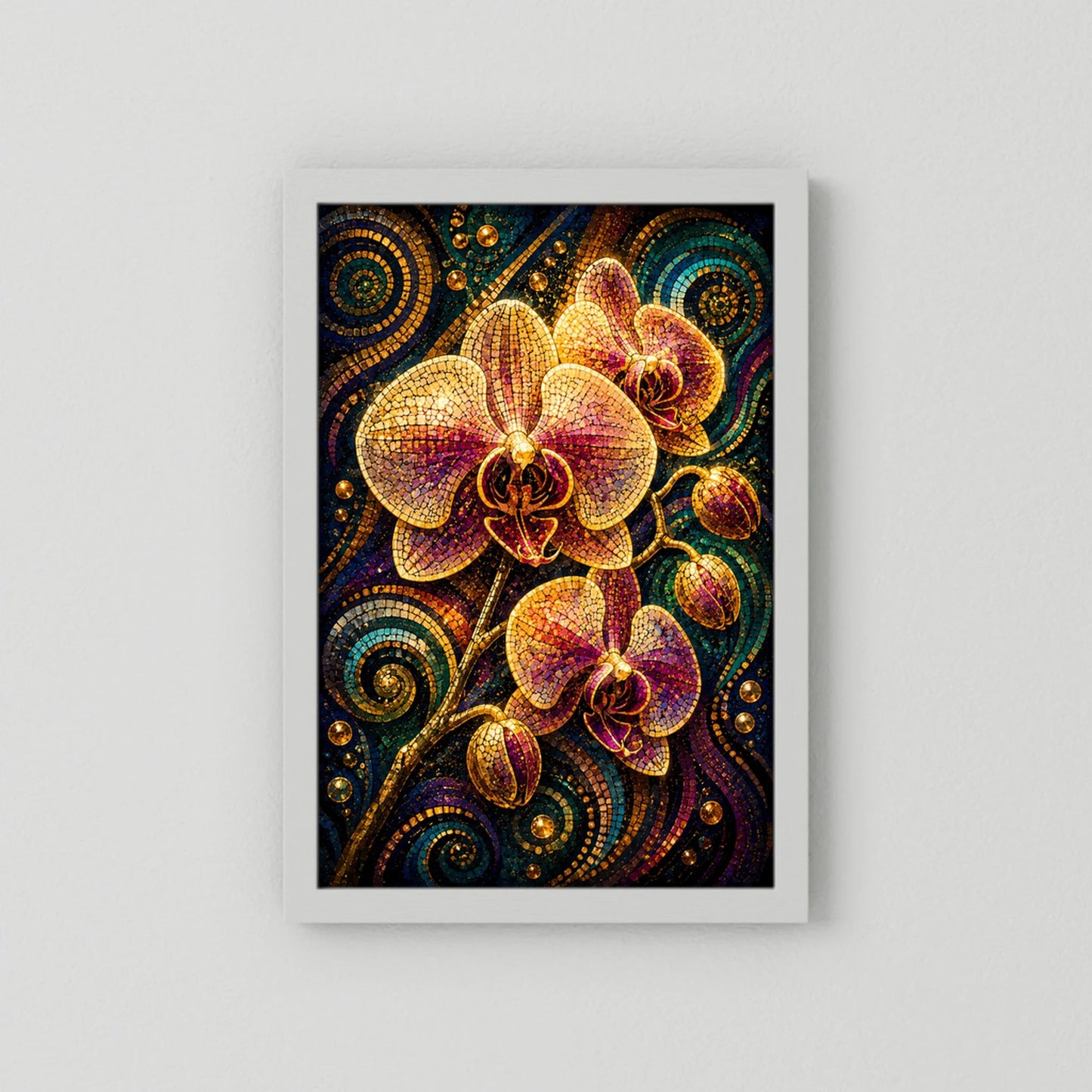 Hochformat-Poster mit goldenen Orchideen und violetten Akzenten, weißer Rahmen
