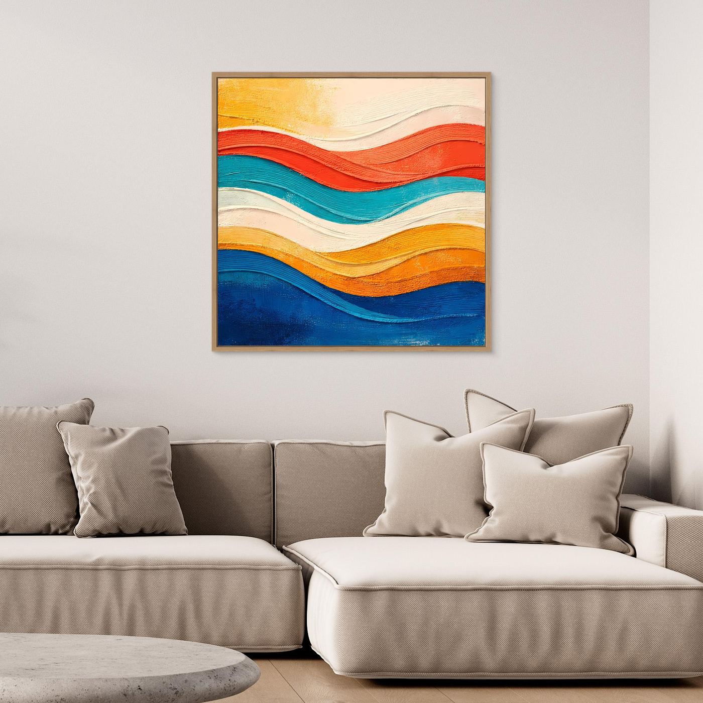 Abstraktes Leinwand-Wandbild mit Wellen aus Blau-, Orange- und Rottönen, mit dunklem Rahmen