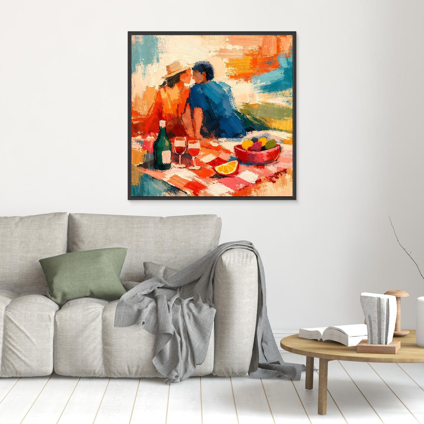 Leinwand-Wandbild mit abstraktem Picknick-Pärchen, schwarzer Rahmen
