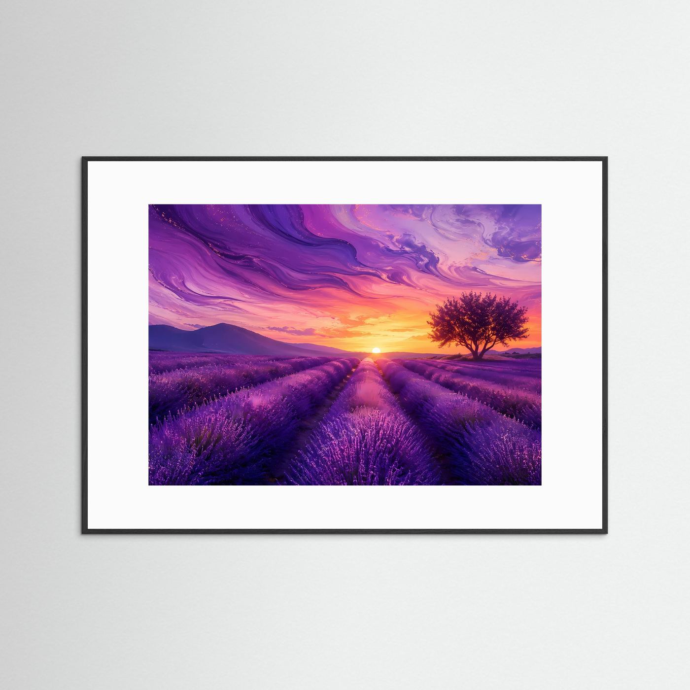 Lavendelfeld im Sonnenuntergang | Abstrakte Provence Landschaft in Lila & Gold – Modernes Poster Querformat