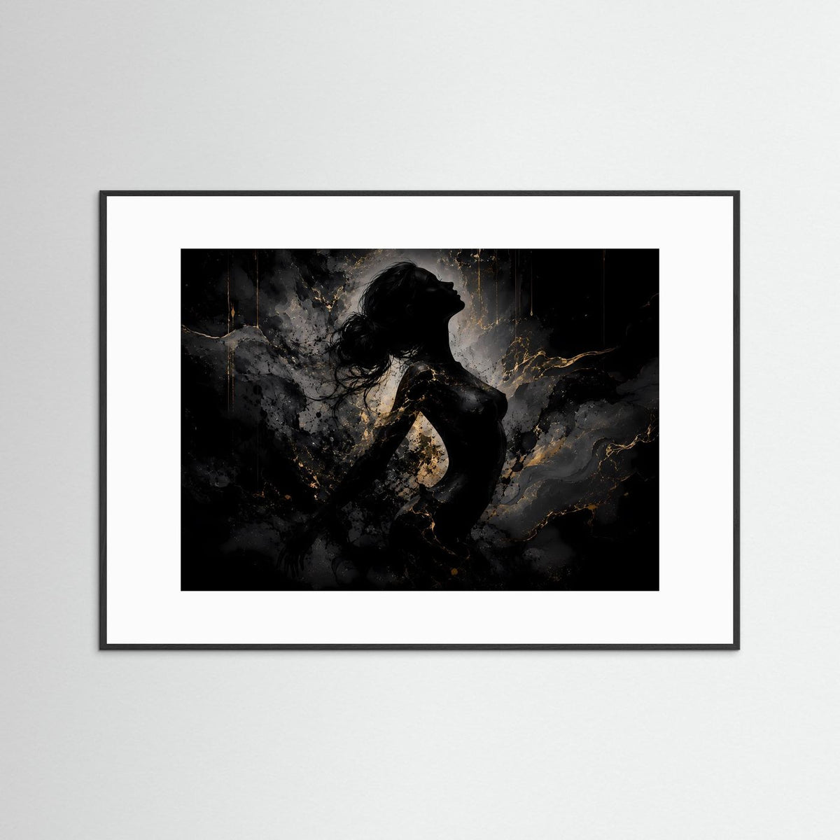Abstraktes Wandbild mit weißem Passepartout und schwarzem Rahmen, schwarze Frauensilhouette