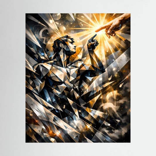 Abstraktes Poster „Göttliche Berührung“ mit schwarzen Figuren und goldenen Lichtstrahlen