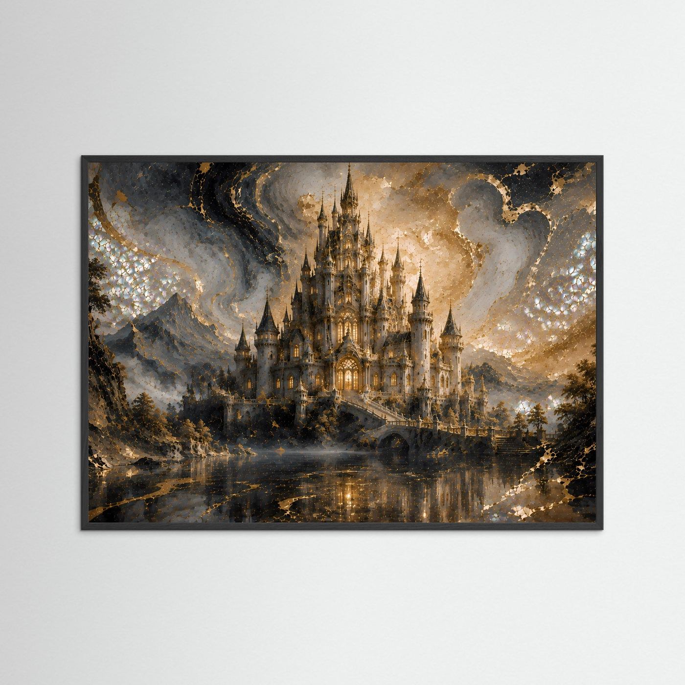Mystisches Märchenschloss in Gold & Perlmutt | Fantasie Schloss Wandbild