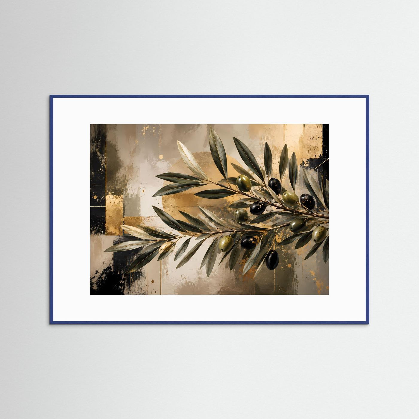 Olivenzweig-Poster, Querformat, blauer Holzrahmen mit weißem Rand