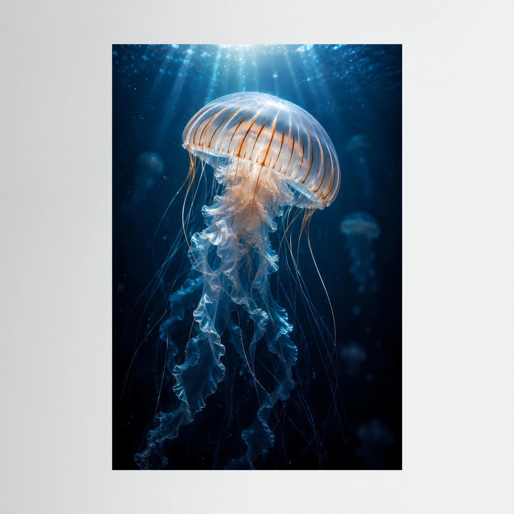 Hochformatiges Poster mit blauer Qualle unter Wasser, Nahansicht im Druck