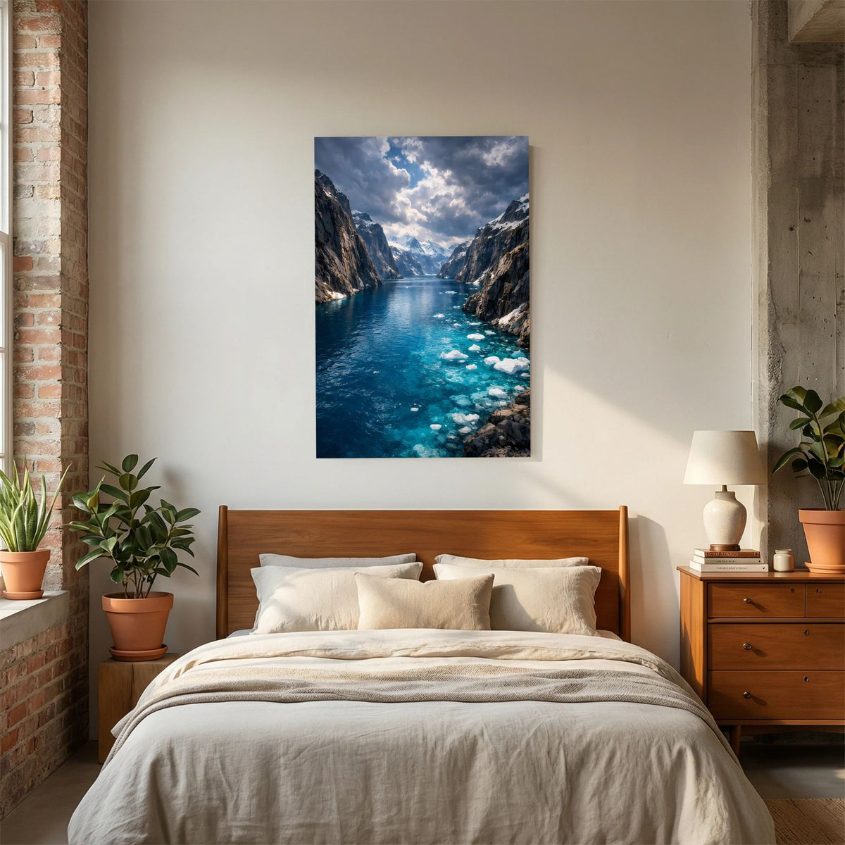 Wandbild im Hochformat mit Fjordblick, blauem Wasser und Treibeis auf dunklen Steinen