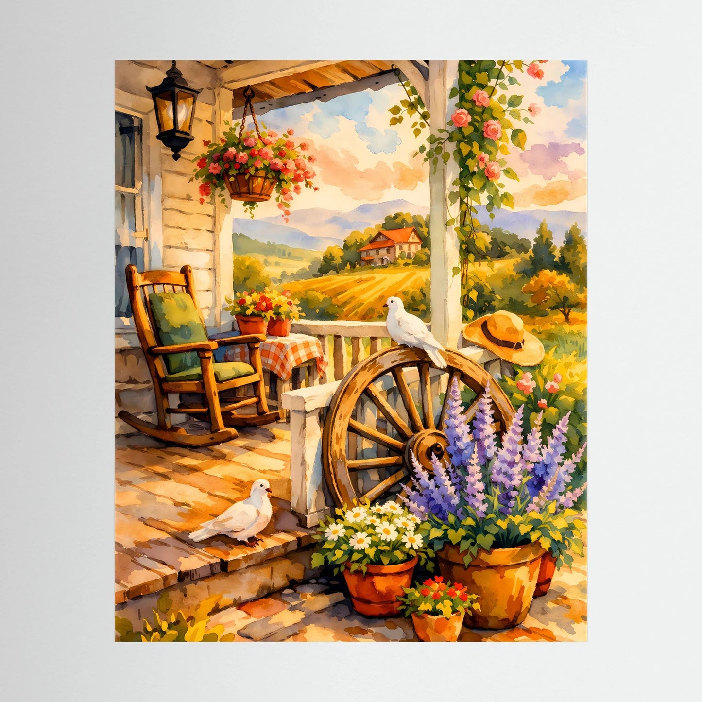 Kunstposter im Hochformat mit Blumen, Tauben und Veranda mit Gartenstuhl und Leiterwagenrad