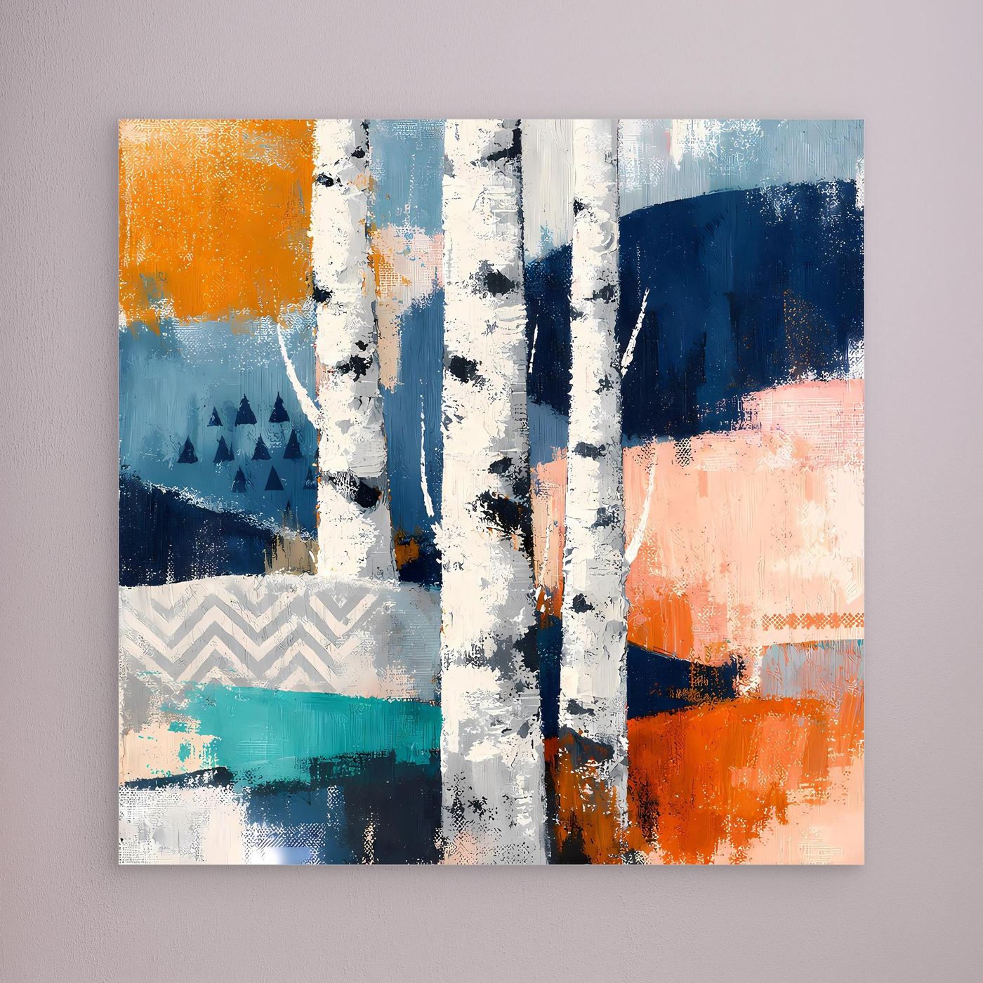 Leinwandbild mit abstrakten Birkenstämmen in Weiß, Blau- und Orangeflächen ohne Rahmen