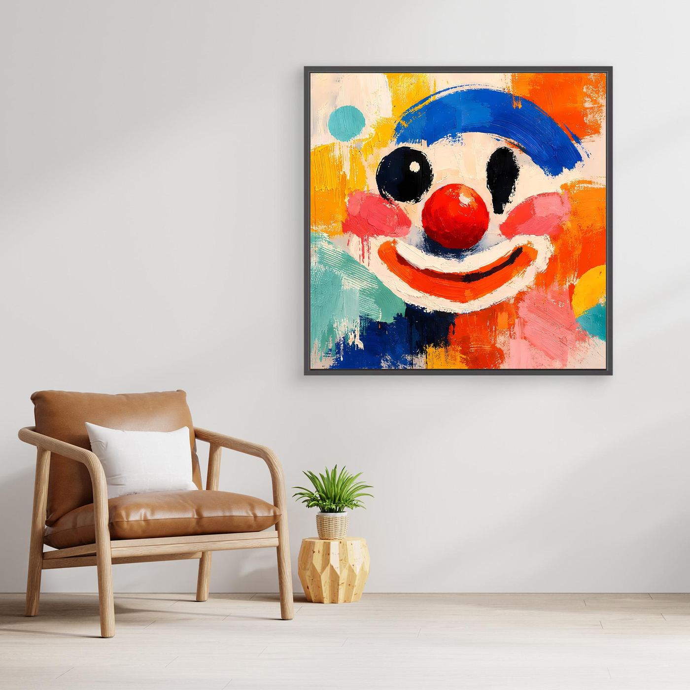 Abstraktes Leinwand-Wandbild mit Clown-Gesicht, bunte Farben, schwarzer Rahmen