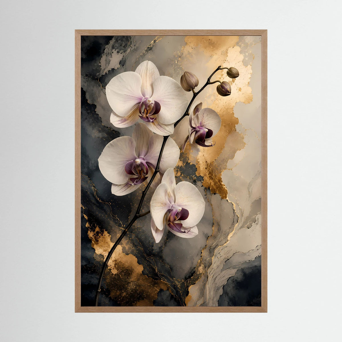 Weiße Orchideen mit Gold | Elegante Blüten auf Marmoroptik | Poster Hochformat