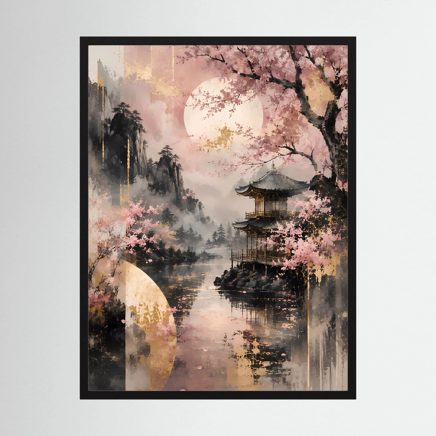 Gerahmtes Poster im Hochformat mit Kirschblüten über einem See mit Tempel rosa-gold