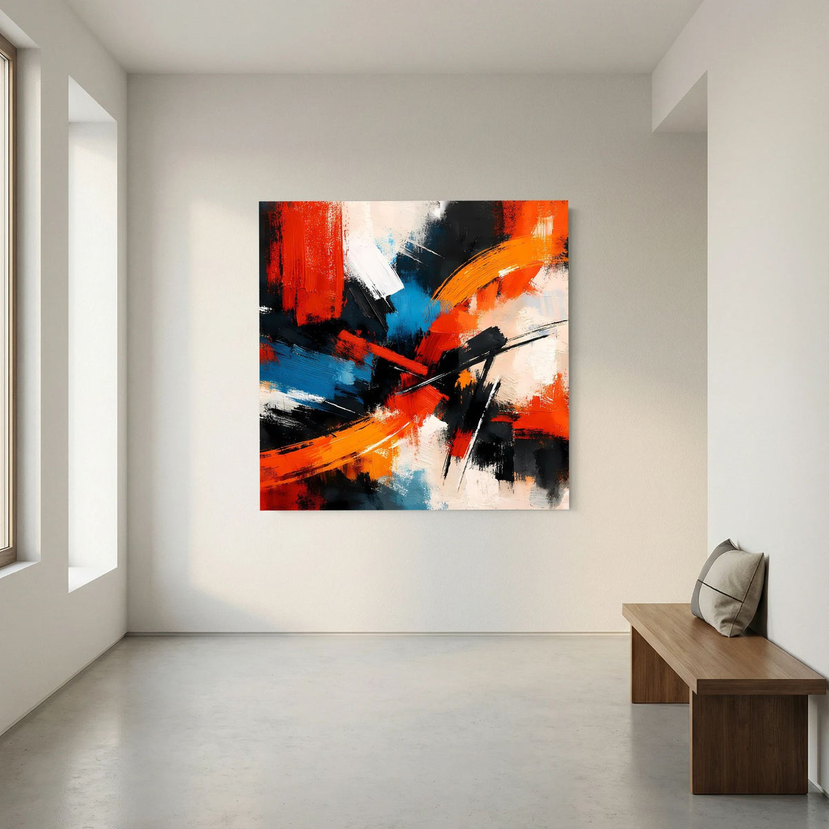 Abstraktes Leinwandbild mit Farbflächen und kräftigen Strichen in Rot, Blau und Orange auf schwarzem Keilrahmen
