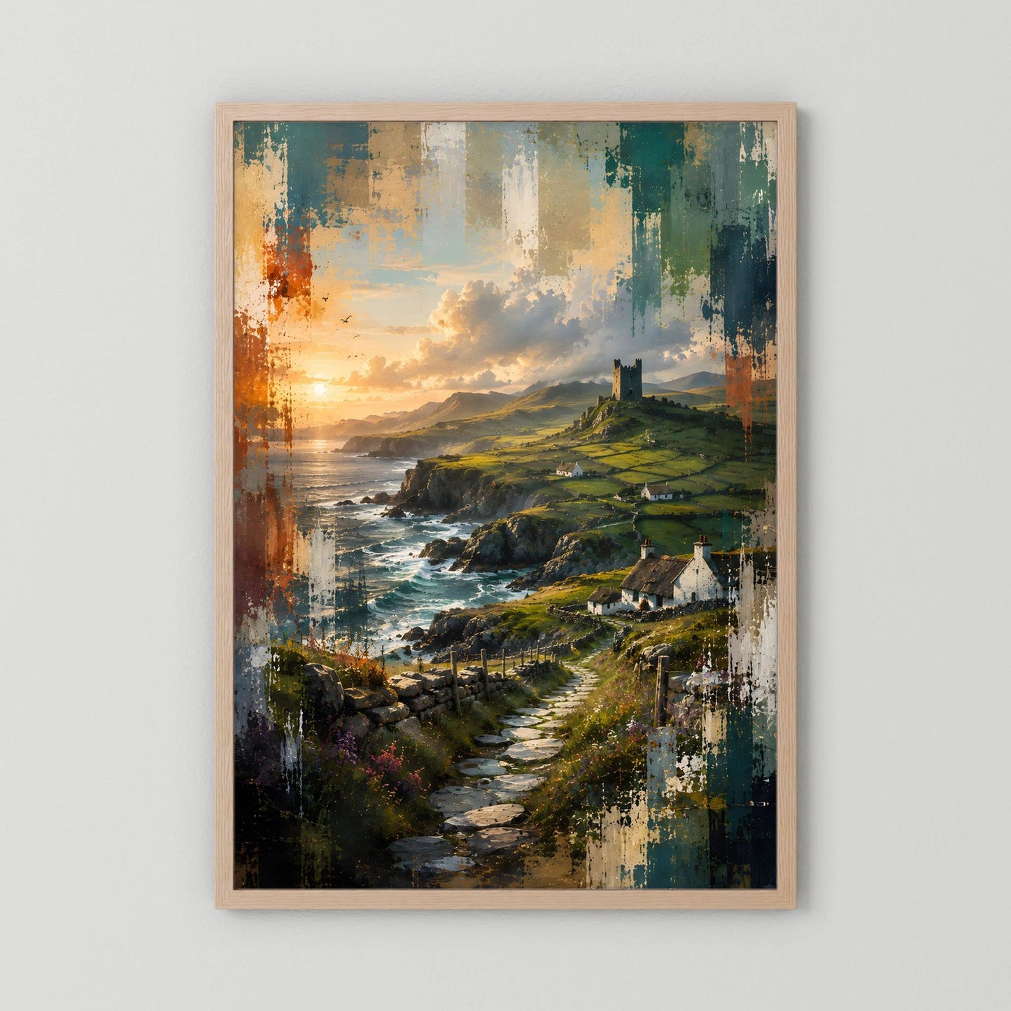 Landschaftsposter im Hochformat mit Küste, Meer und Burgturm, hellerer Holzrahmen