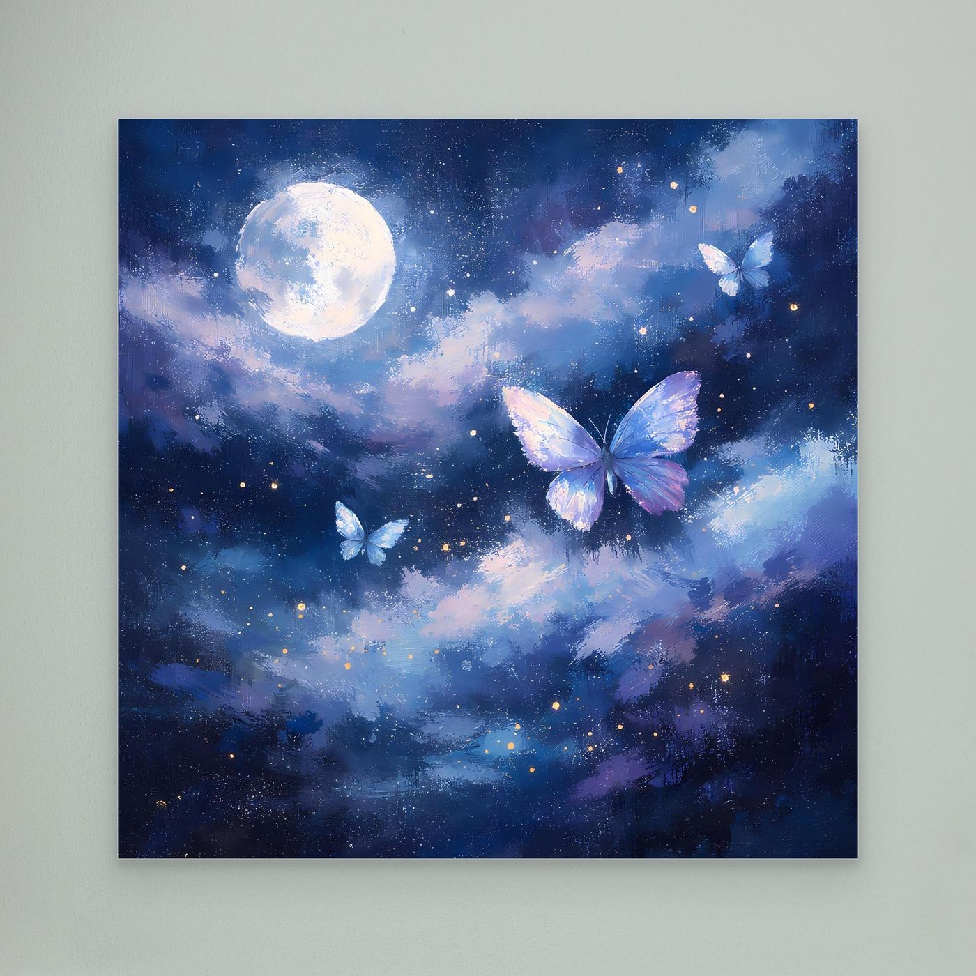 Leinwand-Wandbild mit Mond und Schmetterlingen im Sternenhimmel, ohne Rahmen