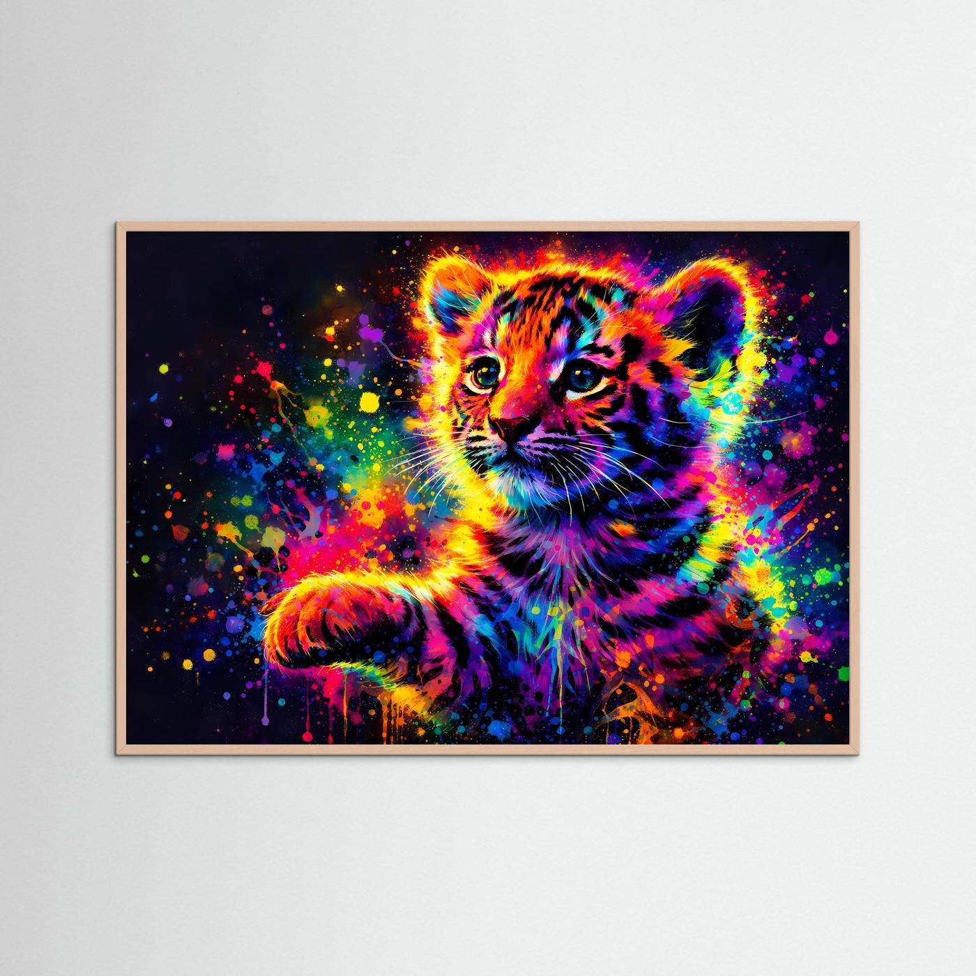 Poster mit dunklem Holzrahmen, Neon-Tigerbaby-Abstraktbild mit leuchtenden Farbkanten