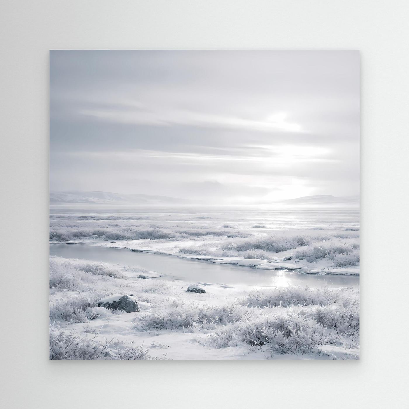 Leinwandbild mit verschneiter Winterlandschaft, hellgrauer Rand