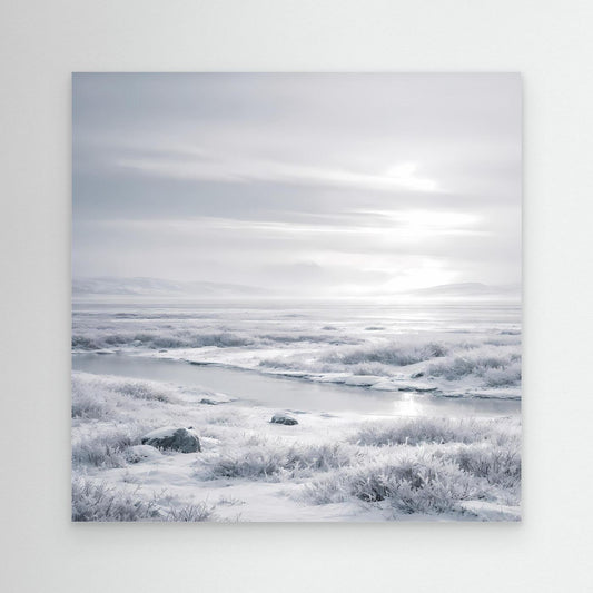Leinwandbild mit verschneiter Winterlandschaft, hellgrauer Rand