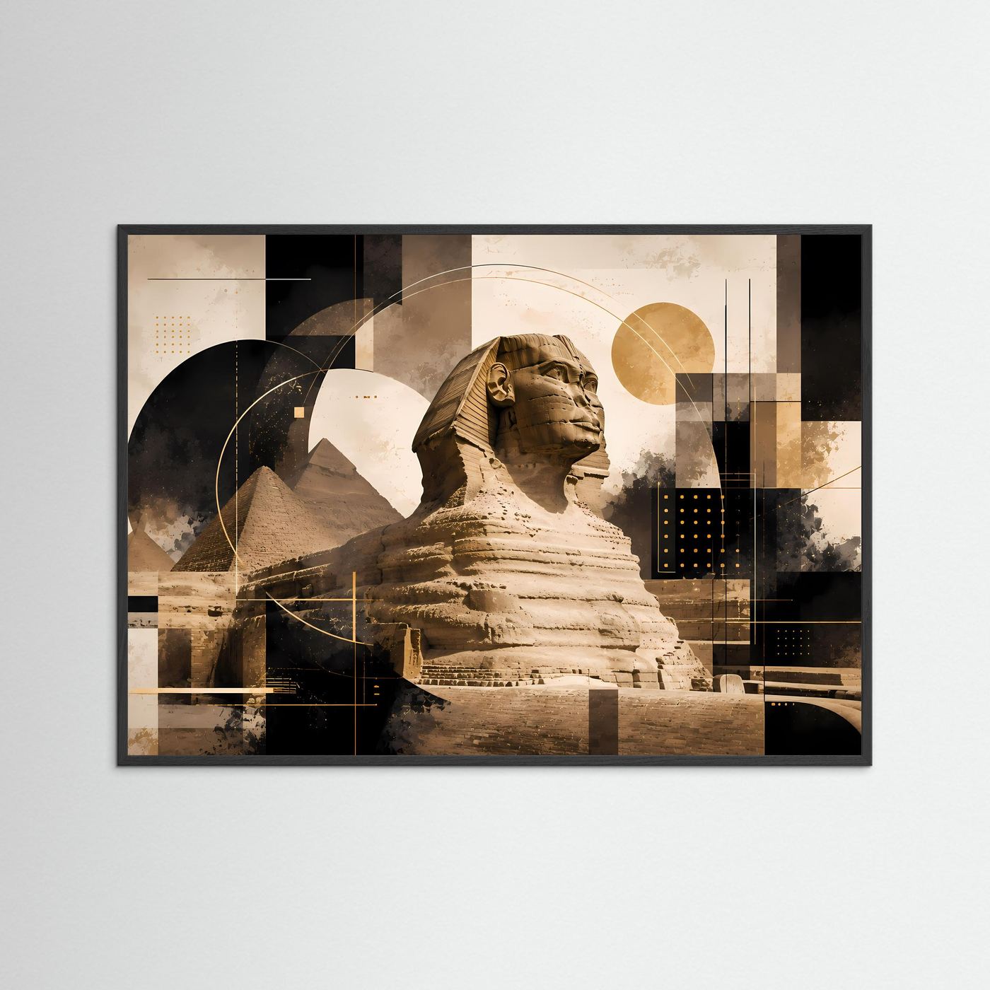 Querformat-Poster mit Sphinx und Pyramiden im schwarzen Holzrahmen, beige