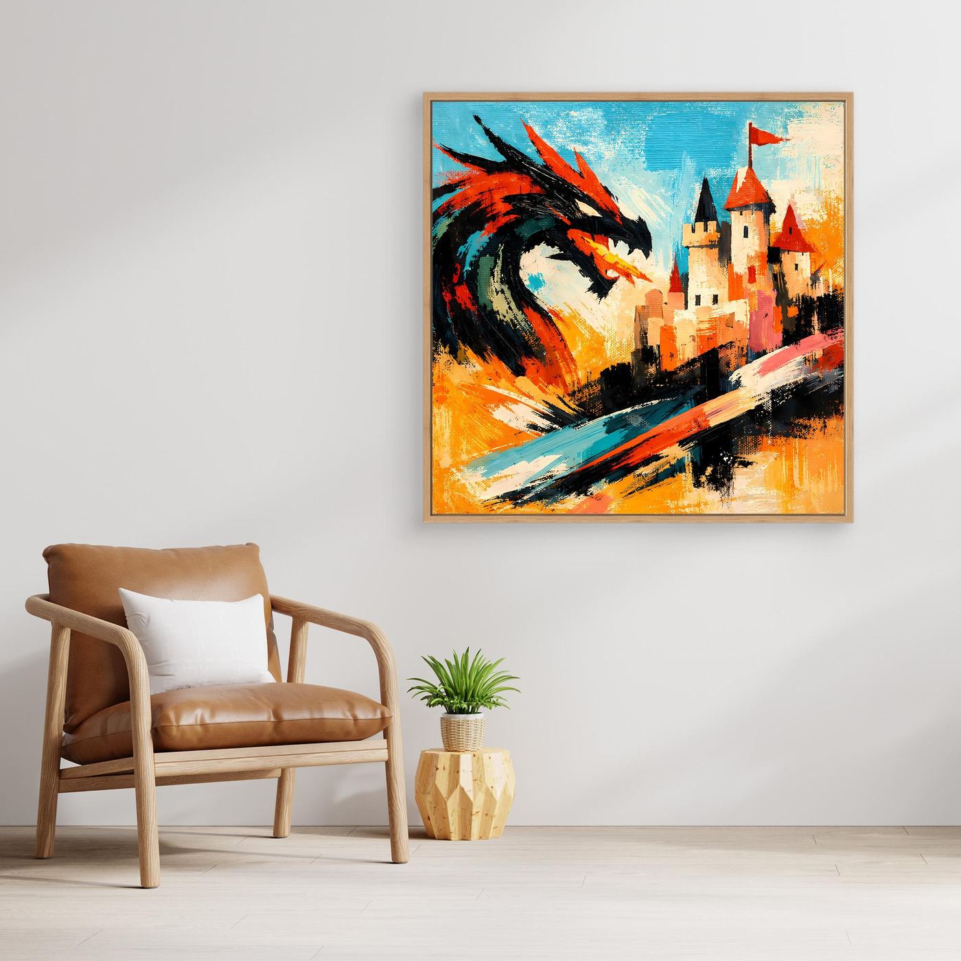 Leinwand Mythischer Drache vor dem Königsschloss | Abstraktes Fantasy Wandbild