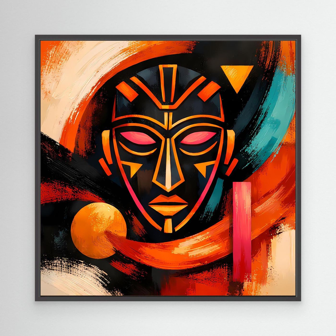 Leinwandbild mit abstrakter Maske, dunkler Rahmen, kräftige Orange- und Türkisfarben