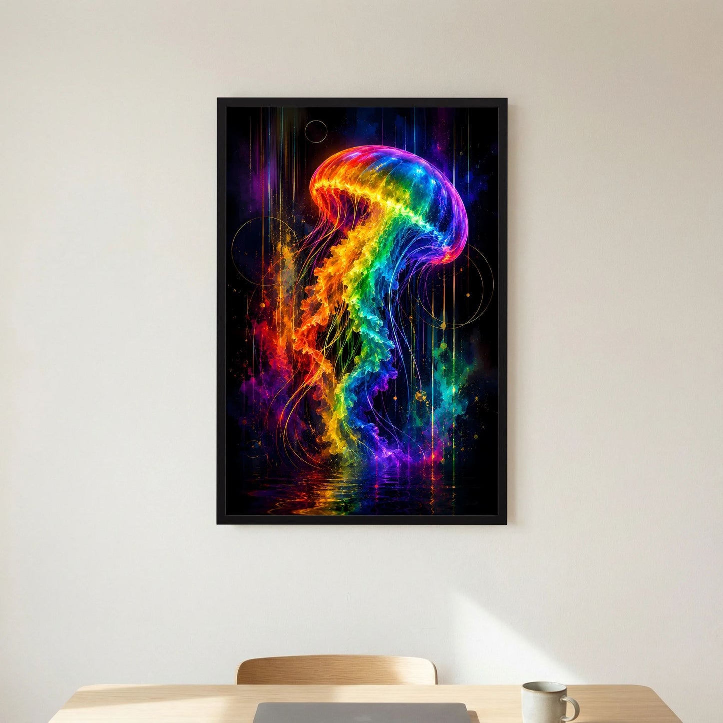 Neon-Quallenposter im schwarzen Rahmen mit Regenbogen-Leuchten und bunten Lichtfäden